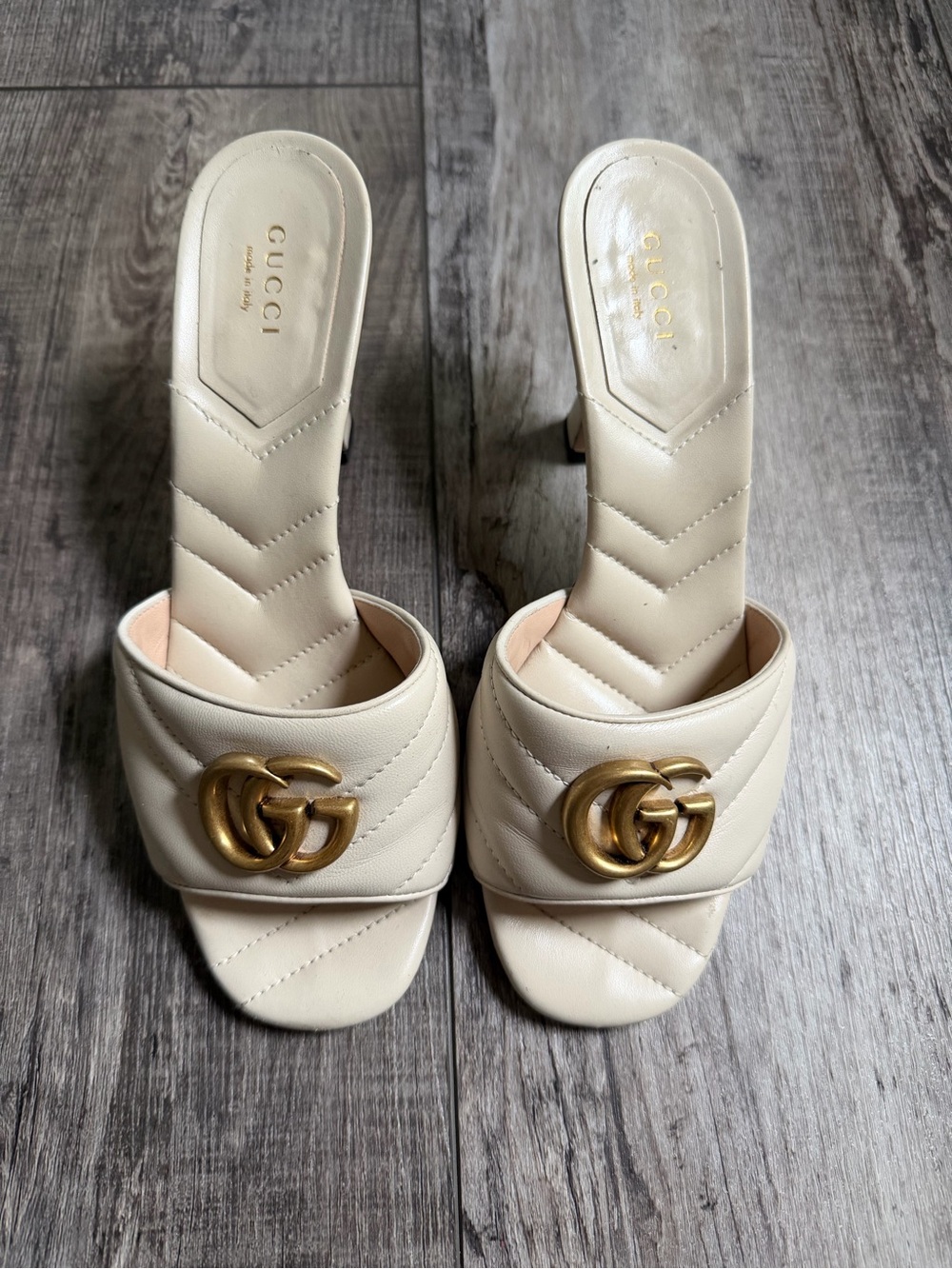 Gucci Ivory Quilted Leather Slide Mules with Gold Double G